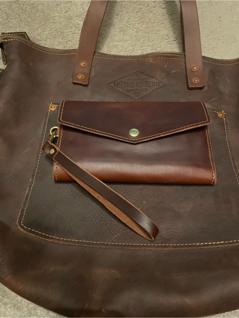 Leather Envelope Wristlet and Crossbody Leather tote- Brown